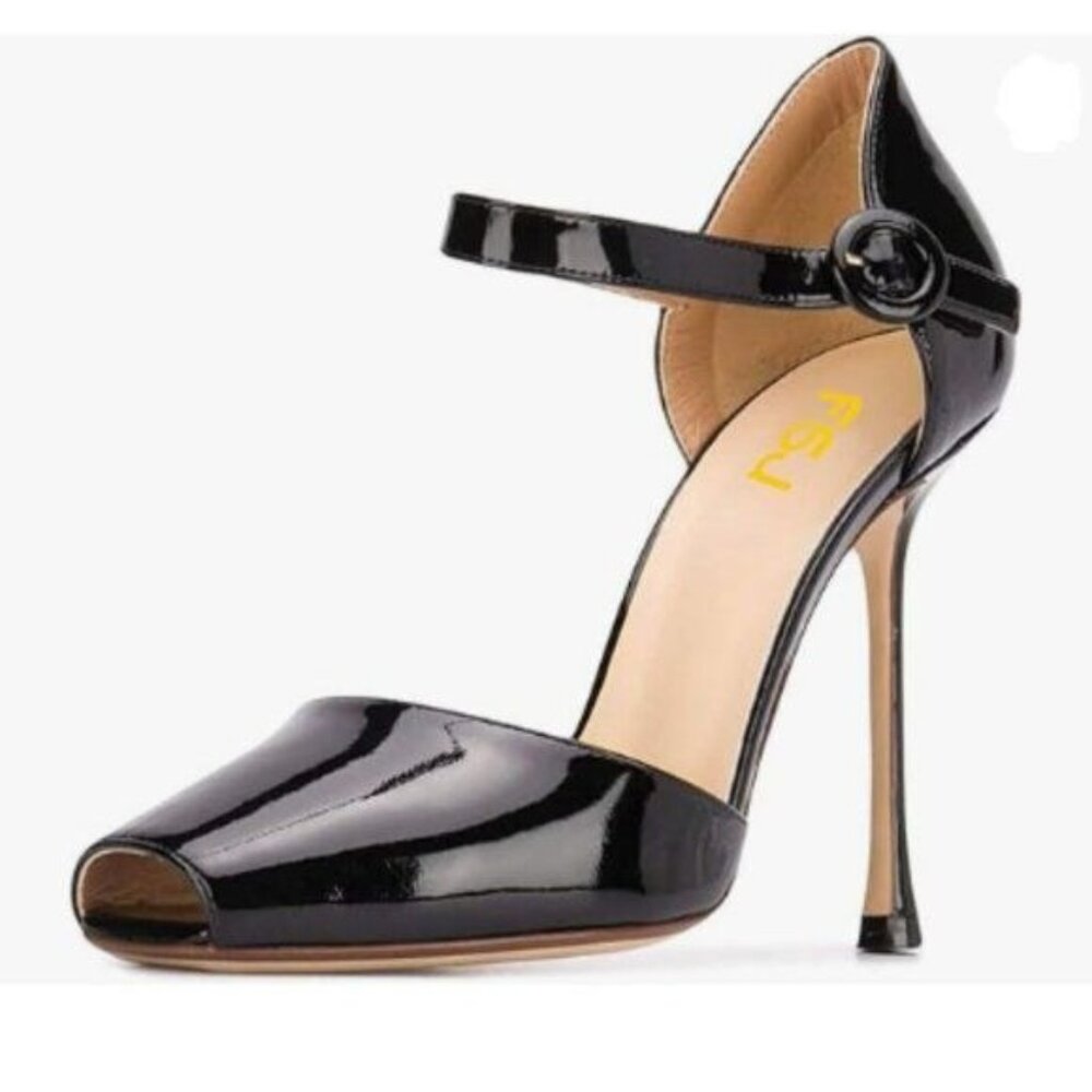 SJ Black Peep Toe Pumps Ankle Strap Buckle D'Orsay Sandals Strappy Stiletto Shoe